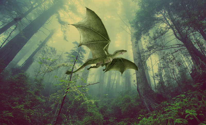 Fantasy-Darstellung eines Drachen in einem Urwald